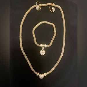 Fine costume jewelry set golden tone with stone filled hearts